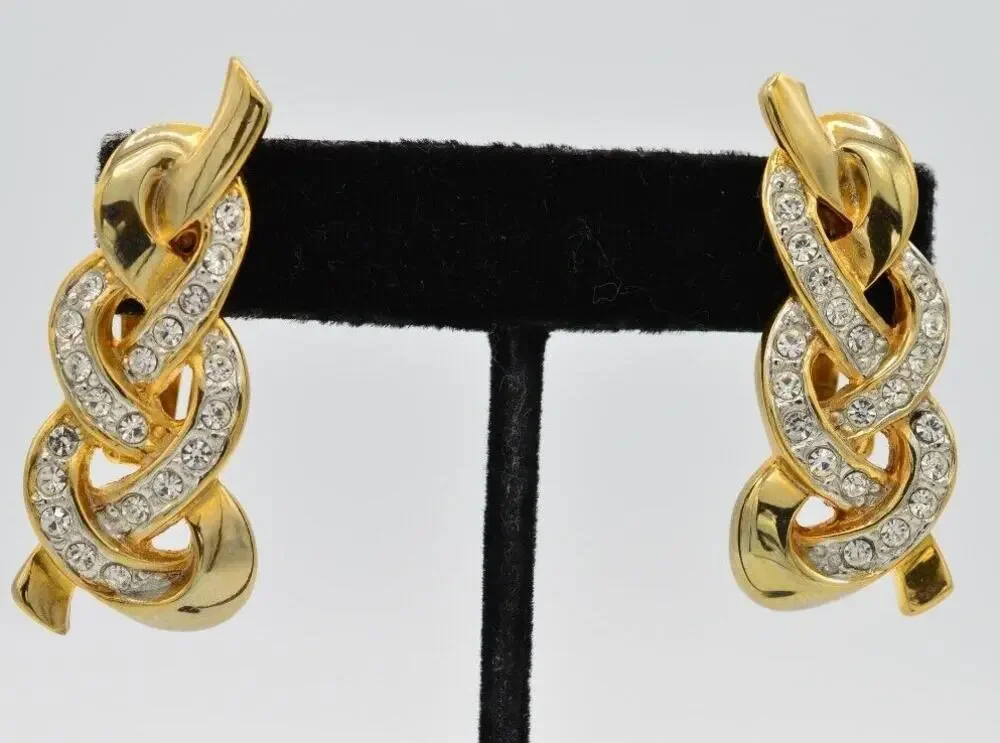 Vintage Crystal Clip On Earrings Chunky Braid Drop Gold Rhinestone NOS 1980s 9L